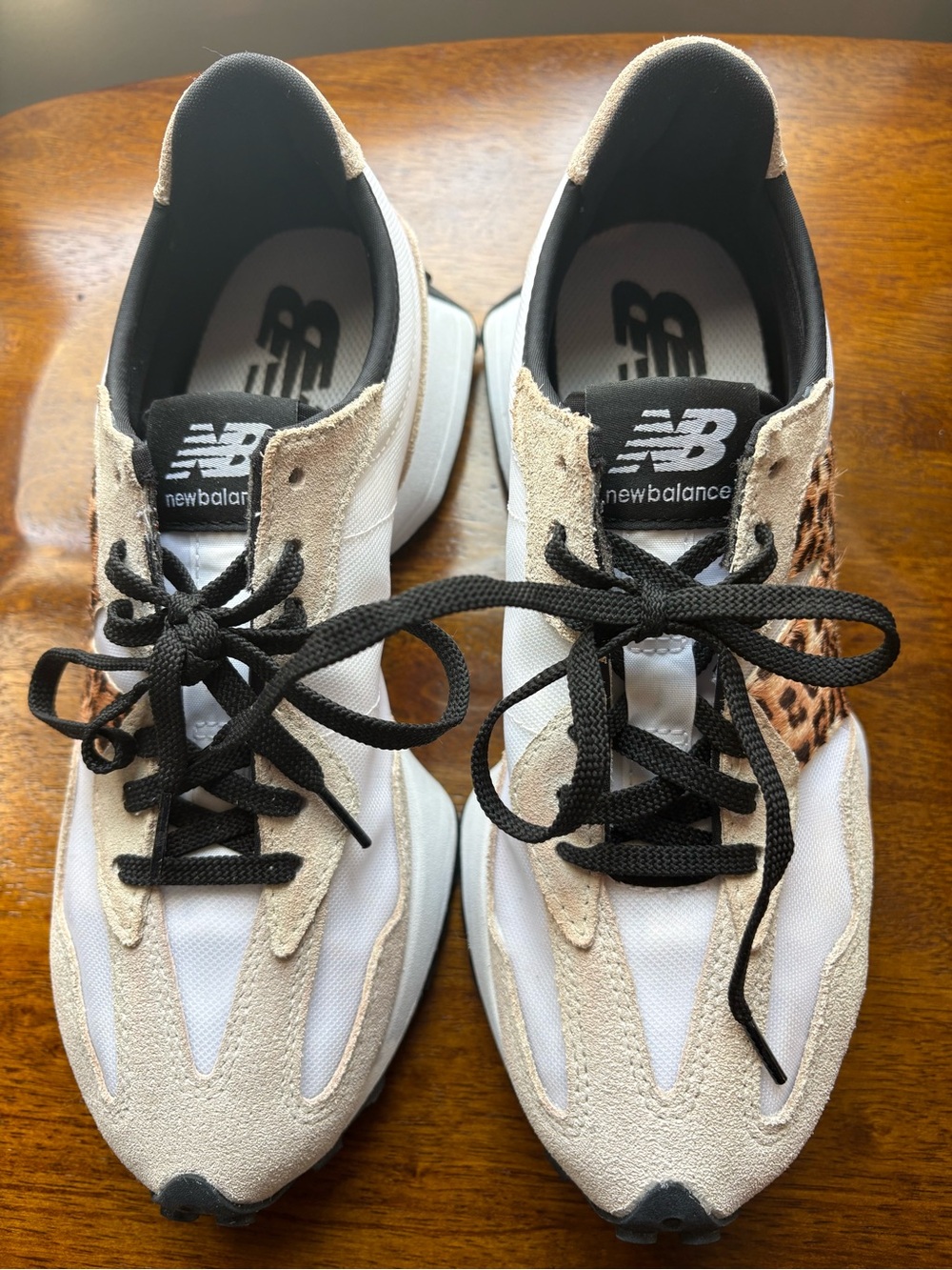 New Balance Women’s Beige White Sneakers with Black Laces and Leopard Accent